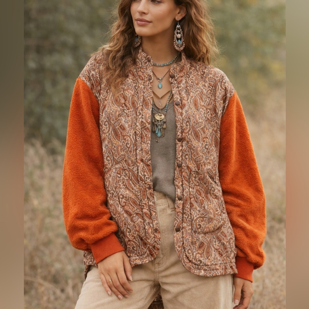 NWT Umgee Size Small Brown Paisley Jacket with Fleece Orange Sleeves‎